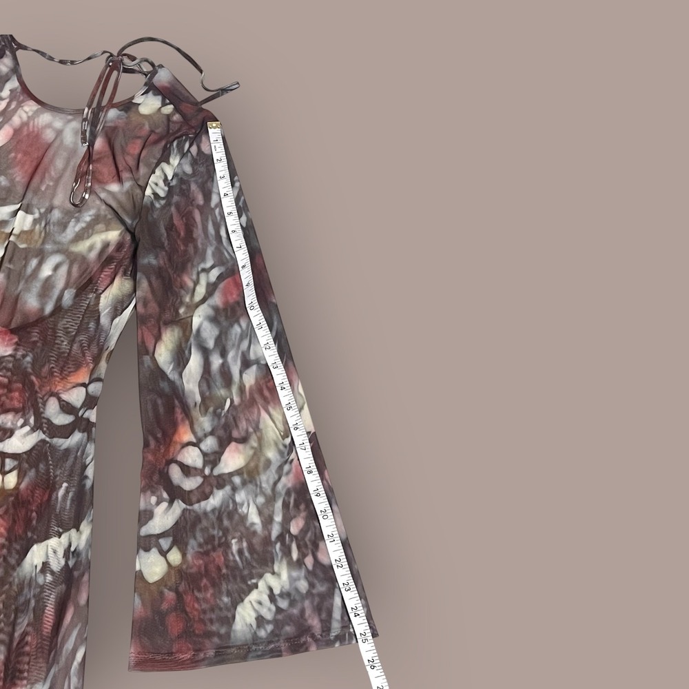 Sheer Mesh Abstract Print Maxi Dress Open Back Tie Neck Bell Sleeve Boho Y2K M/L - Picture 15 of 16